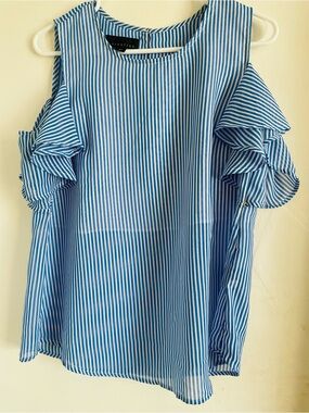 attention Blue & White Striped Cold-Shoulder Ruffle Blouse